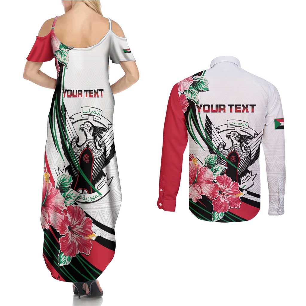 Personalized Sudan Couples Matching Summer Maxi Dress and Long Sleeve Button Shirt Sudanese Secretary Bird With Hibiscus - Wonder Print Shop