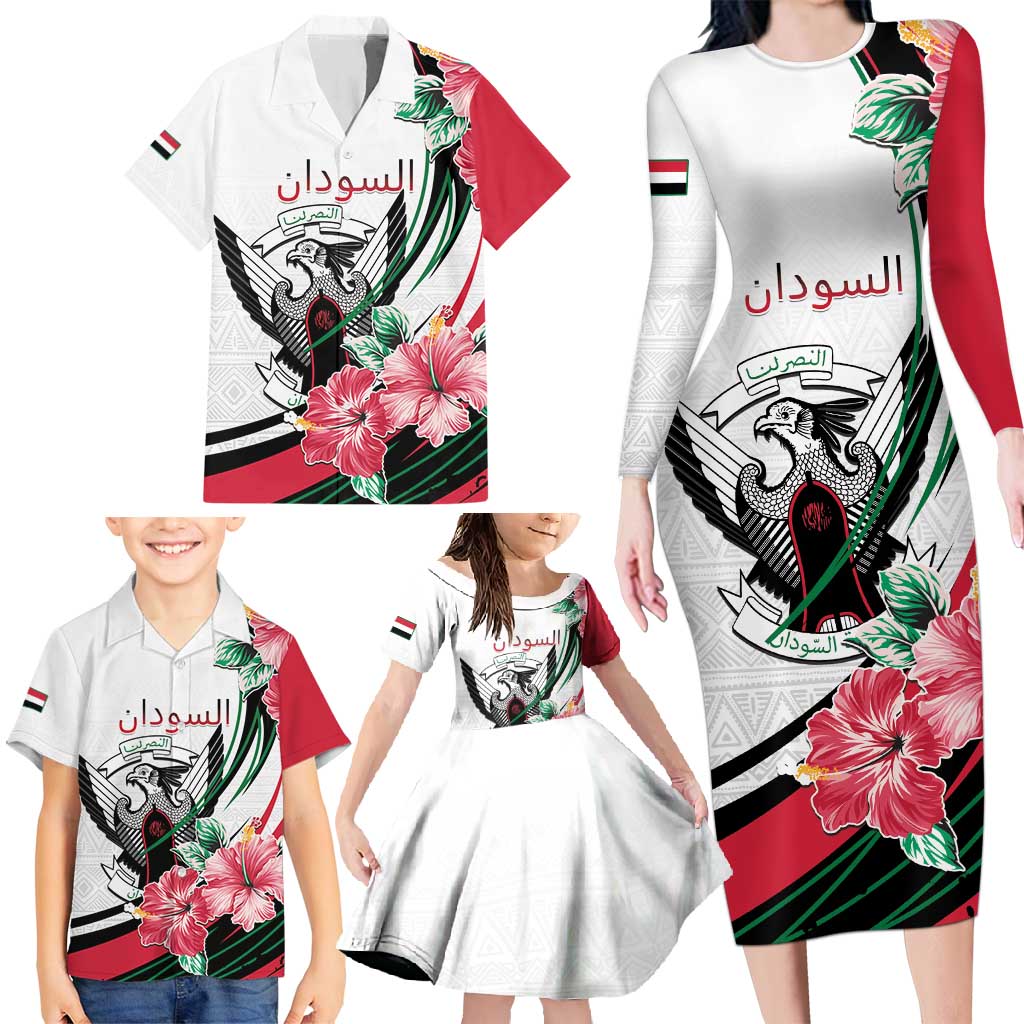 Personalized Sudan Family Matching Long Sleeve Bodycon Dress and Hawaiian Shirt Sudanese Secretary Bird With Hibiscus - Wonder Print Shop