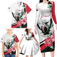 Personalized Sudan Family Matching Long Sleeve Bodycon Dress and Hawaiian Shirt Sudanese Secretary Bird With Hibiscus - Wonder Print Shop