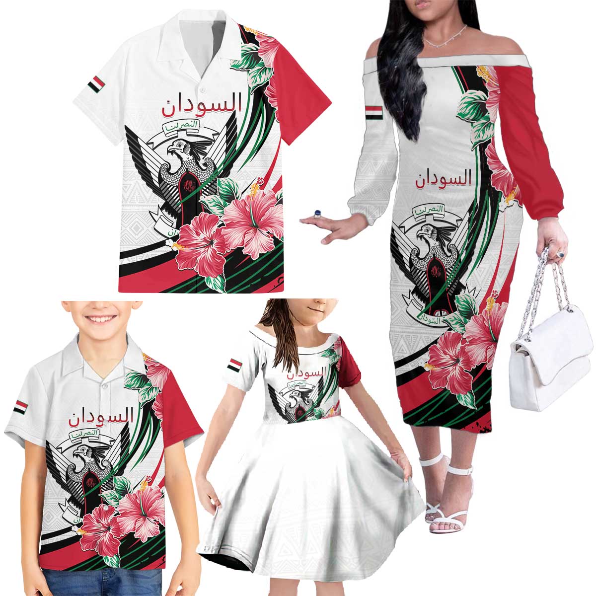 Personalized Sudan Family Matching Off The Shoulder Long Sleeve Dress and Hawaiian Shirt Sudanese Secretary Bird With Hibiscus - Wonder Print Shop