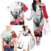 Personalized Sudan Family Matching Off The Shoulder Long Sleeve Dress and Hawaiian Shirt Sudanese Secretary Bird With Hibiscus - Wonder Print Shop
