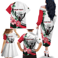 Personalized Sudan Family Matching Off The Shoulder Long Sleeve Dress and Hawaiian Shirt Sudanese Secretary Bird With Hibiscus - Wonder Print Shop