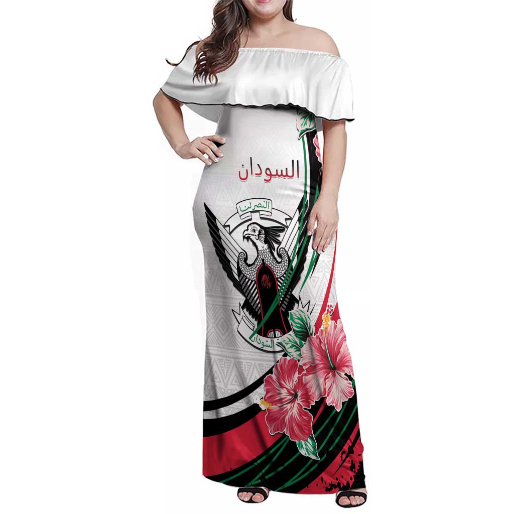 Personalized Sudan Family Matching Off Shoulder Maxi Dress and Hawaiian Shirt Sudanese Secretary Bird With Hibiscus - Wonder Print Shop