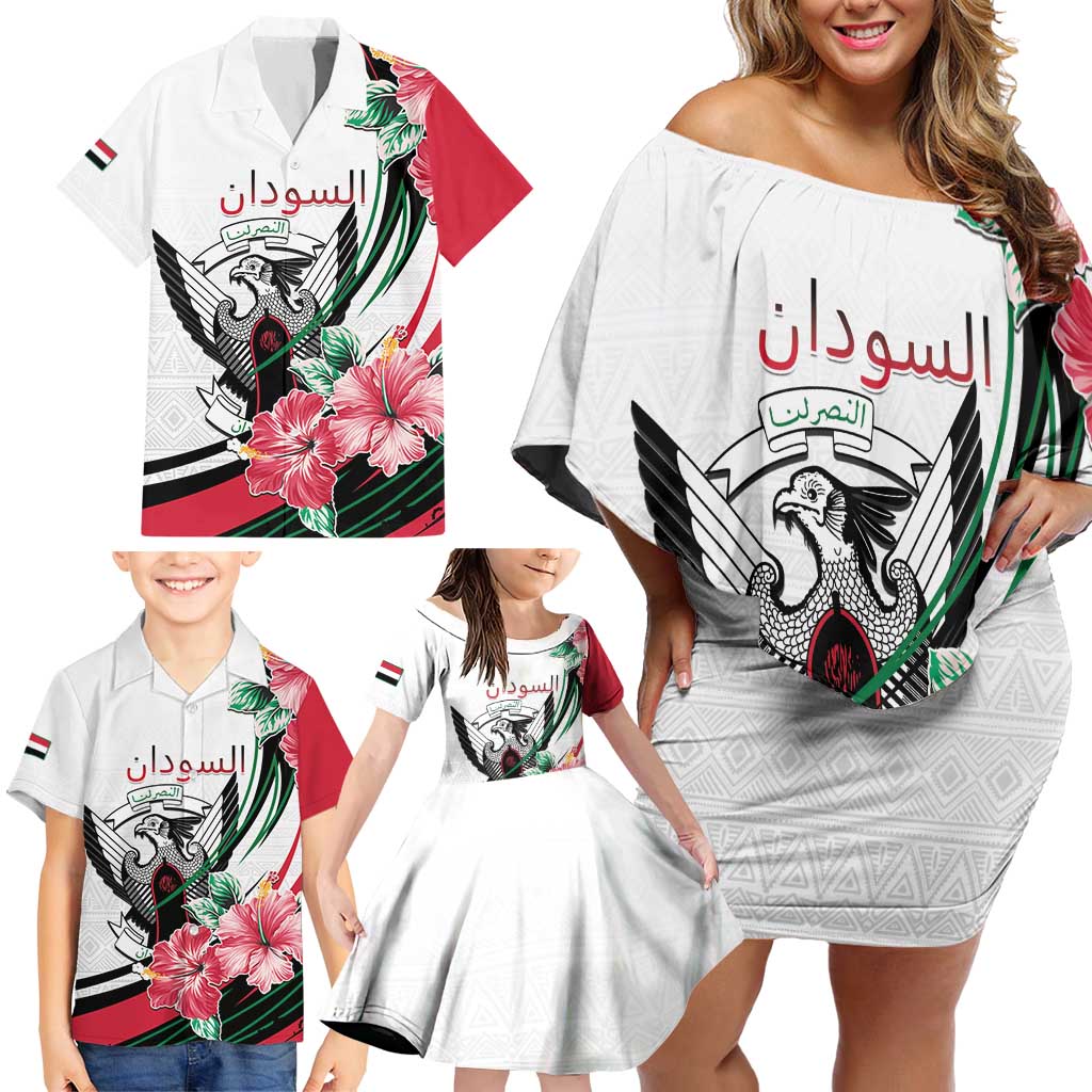 Personalized Sudan Family Matching Off Shoulder Short Dress and Hawaiian Shirt Sudanese Secretary Bird With Hibiscus - Wonder Print Shop