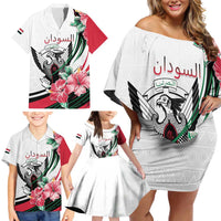 Personalized Sudan Family Matching Off Shoulder Short Dress and Hawaiian Shirt Sudanese Secretary Bird With Hibiscus - Wonder Print Shop