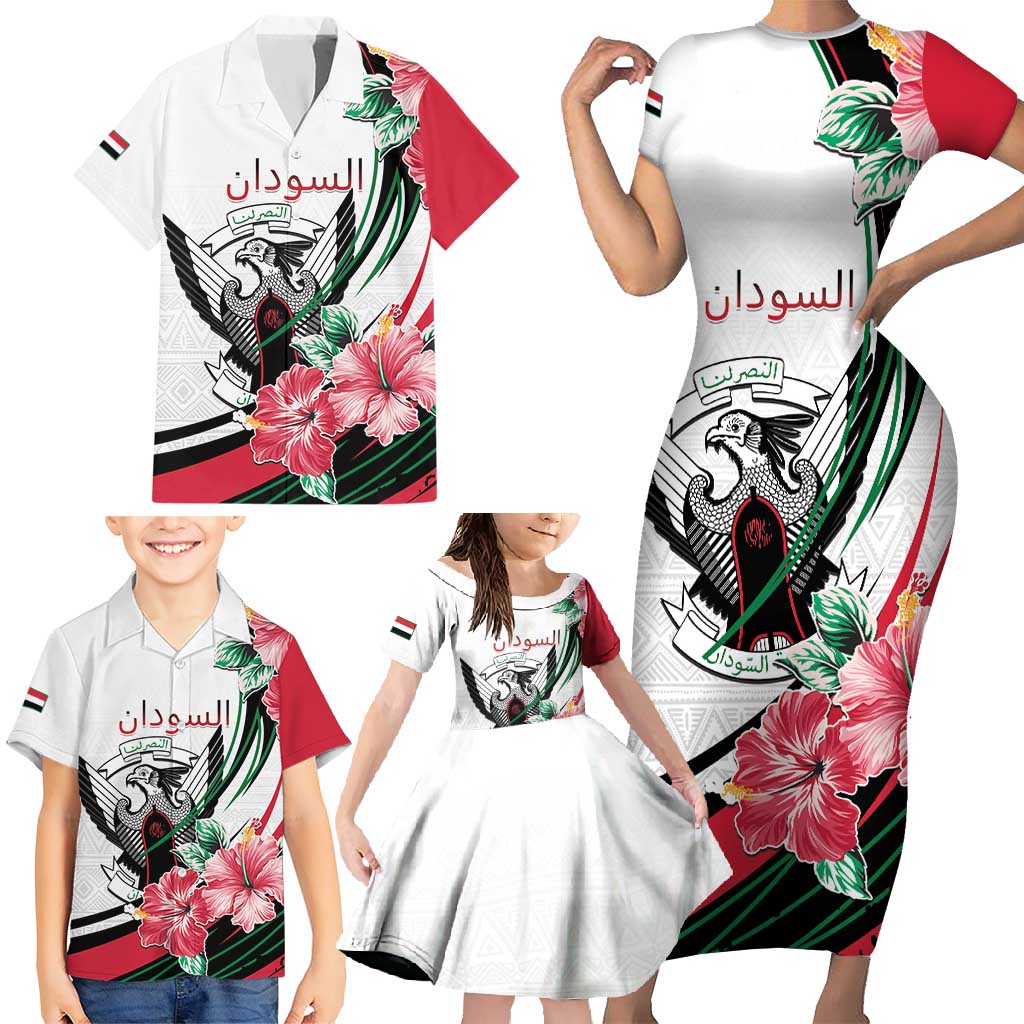 Personalized Sudan Family Matching Short Sleeve Bodycon Dress and Hawaiian Shirt Sudanese Secretary Bird With Hibiscus - Wonder Print Shop