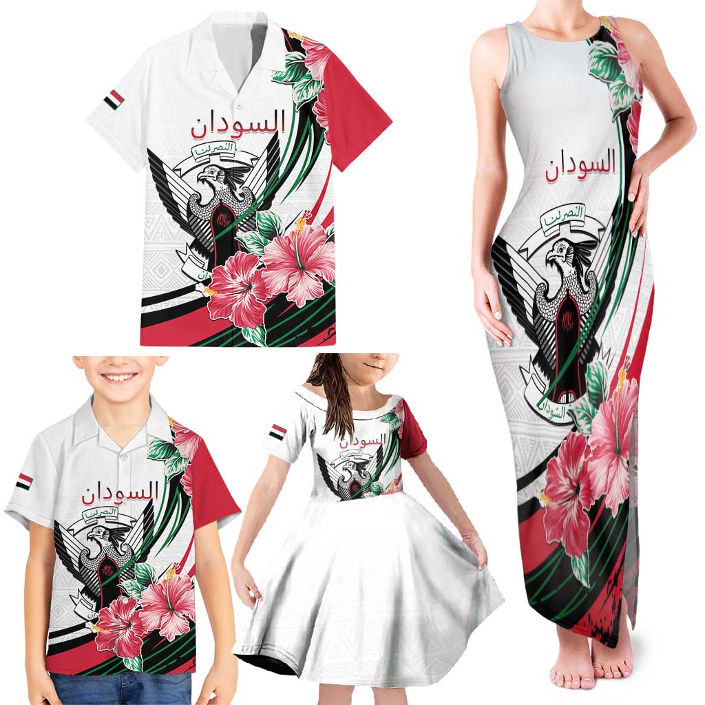 Personalized Sudan Family Matching Tank Maxi Dress and Hawaiian Shirt Sudanese Secretary Bird With Hibiscus - Wonder Print Shop
