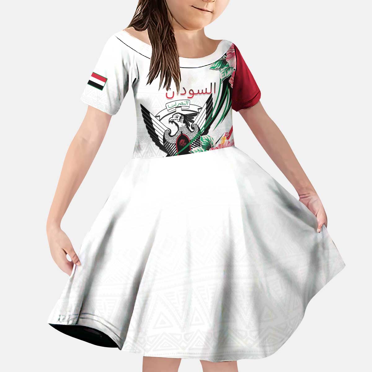 Personalized Sudan Kid Short Sleeve Dress Sudanese Secretary Bird With Hibiscus - Wonder Print Shop