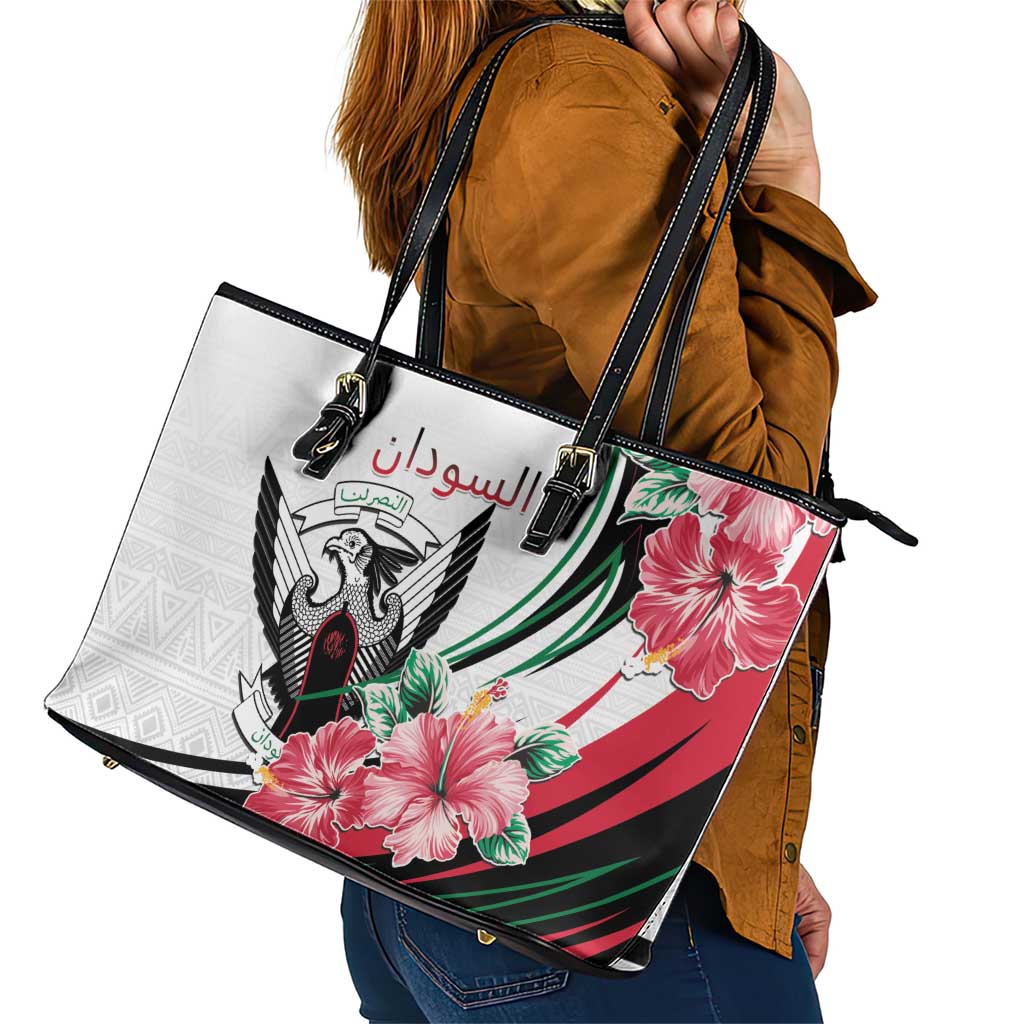 Sudan Leather Tote Bag Sudanese Secretary Bird With Hibiscus - Wonder Print Shop