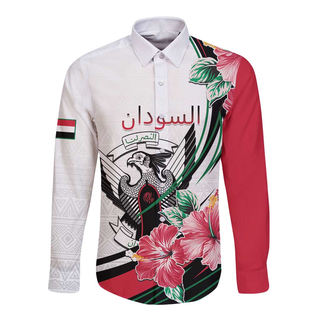 Personalized Sudan Long Sleeve Button Shirt Sudanese Secretary Bird With Hibiscus - Wonder Print Shop