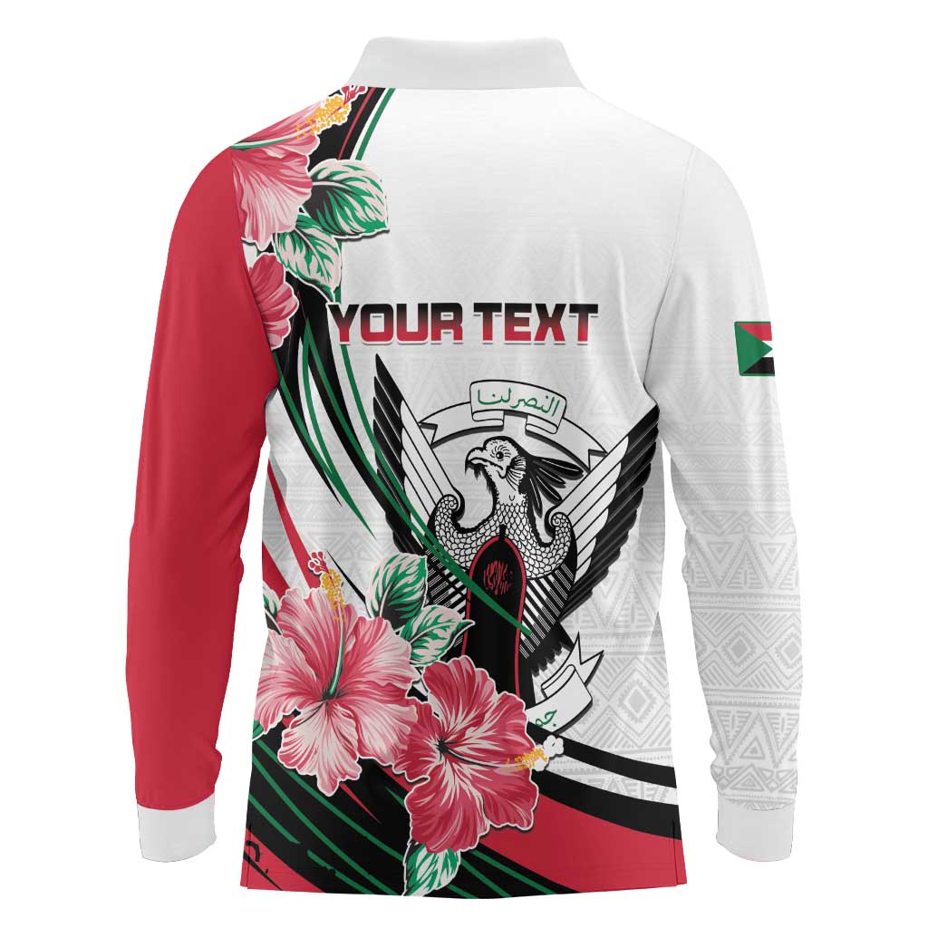 Personalized Sudan Long Sleeve Polo Shirt Sudanese Secretary Bird With Hibiscus - Wonder Print Shop