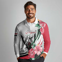 Personalized Sudan Long Sleeve Polo Shirt Sudanese Secretary Bird With Hibiscus - Wonder Print Shop