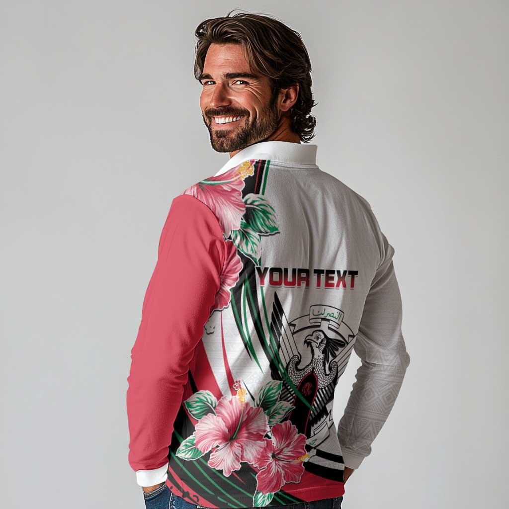 Personalized Sudan Long Sleeve Polo Shirt Sudanese Secretary Bird With Hibiscus - Wonder Print Shop