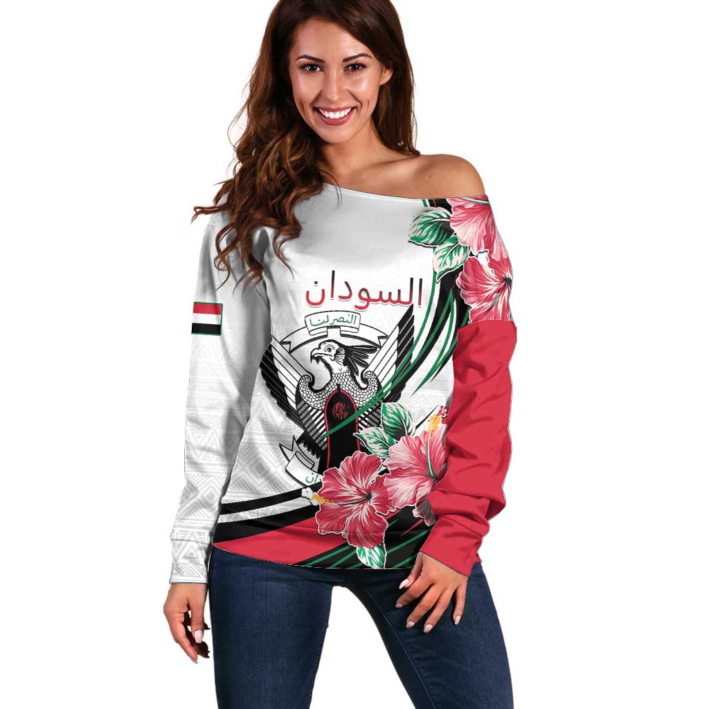 Personalized Sudan Off Shoulder Sweater Sudanese Secretary Bird With Hibiscus - Wonder Print Shop