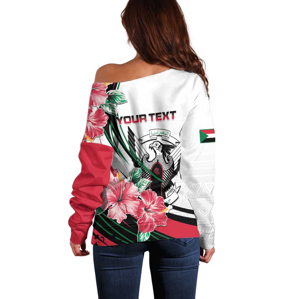 Personalized Sudan Off Shoulder Sweater Sudanese Secretary Bird With Hibiscus - Wonder Print Shop