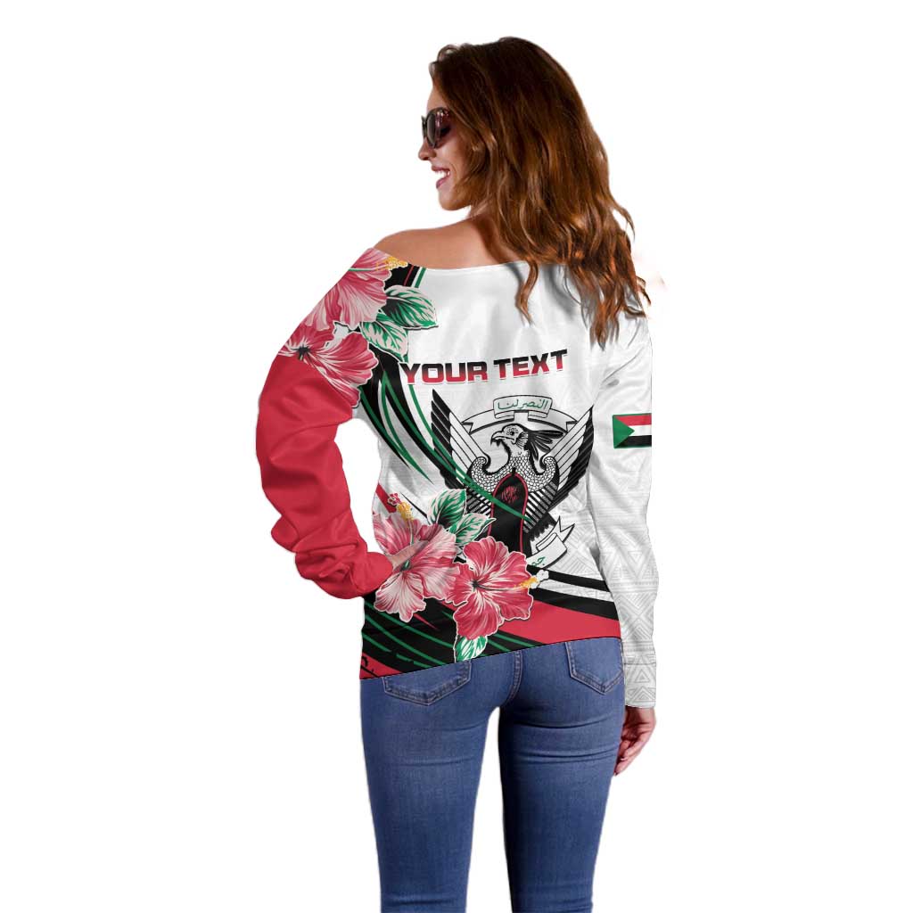 Personalized Sudan Off Shoulder Sweater Sudanese Secretary Bird With Hibiscus - Wonder Print Shop