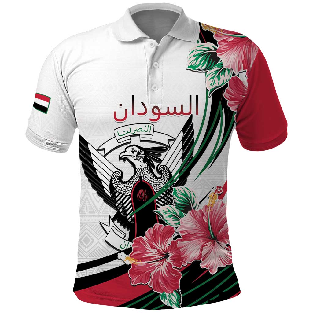 Personalized Sudan Polo Shirt Sudanese Secretary Bird With Hibiscus - Wonder Print Shop
