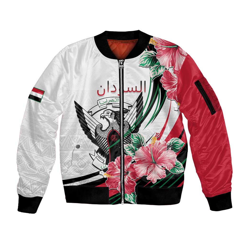 Personalized Sudan Sleeve Zip Bomber Jacket Sudanese Secretary Bird With Hibiscus - Wonder Print Shop