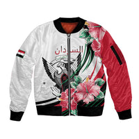 Personalized Sudan Sleeve Zip Bomber Jacket Sudanese Secretary Bird With Hibiscus - Wonder Print Shop