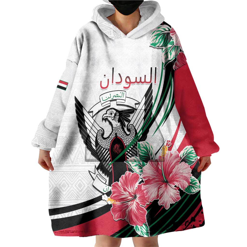 Personalized Sudan Wearable Blanket Hoodie Sudanese Secretary Bird With Hibiscus - Wonder Print Shop