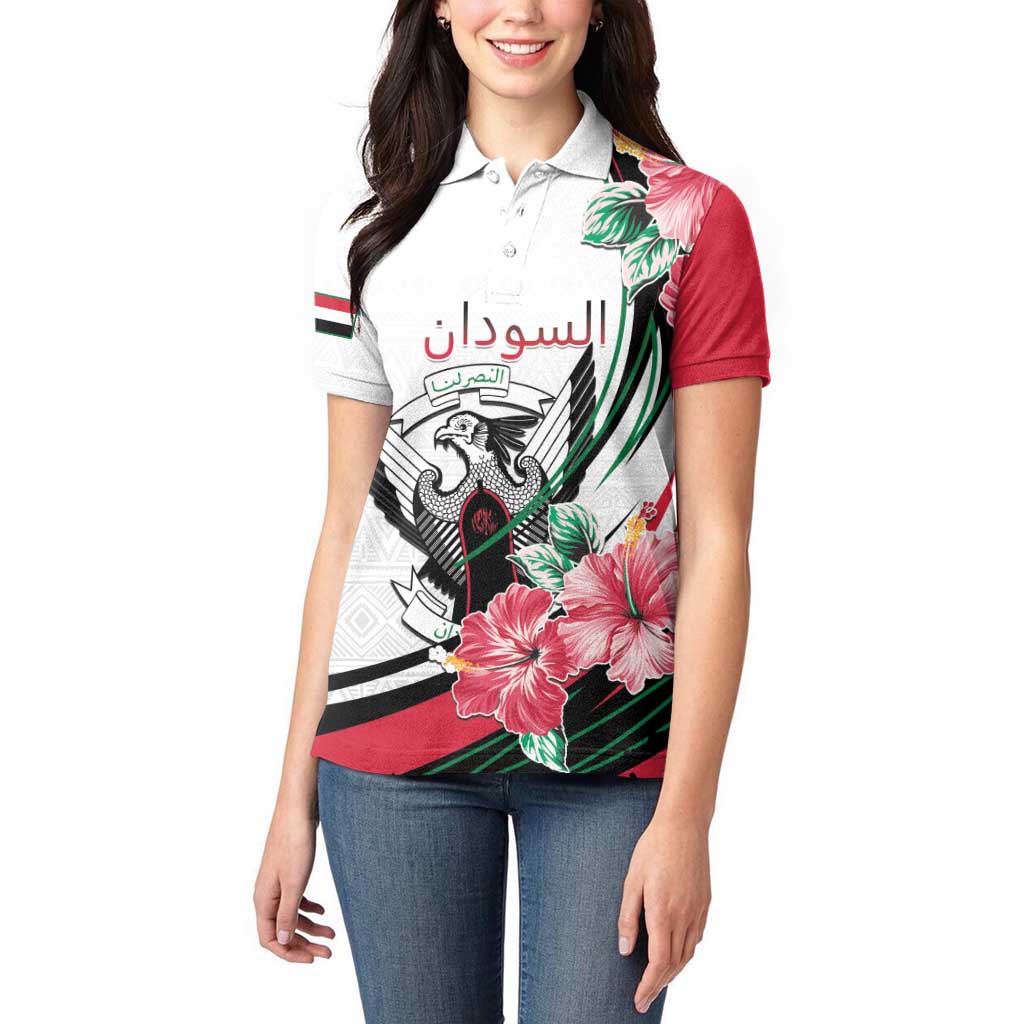 Personalized Sudan Women Polo Shirt Sudanese Secretary Bird With Hibiscus - Wonder Print Shop