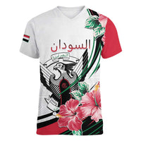 Personalized Sudan Women V-Neck T-Shirt Sudanese Secretary Bird With Hibiscus - Wonder Print Shop