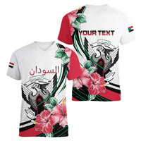 Personalized Sudan Women V-Neck T-Shirt Sudanese Secretary Bird With Hibiscus - Wonder Print Shop