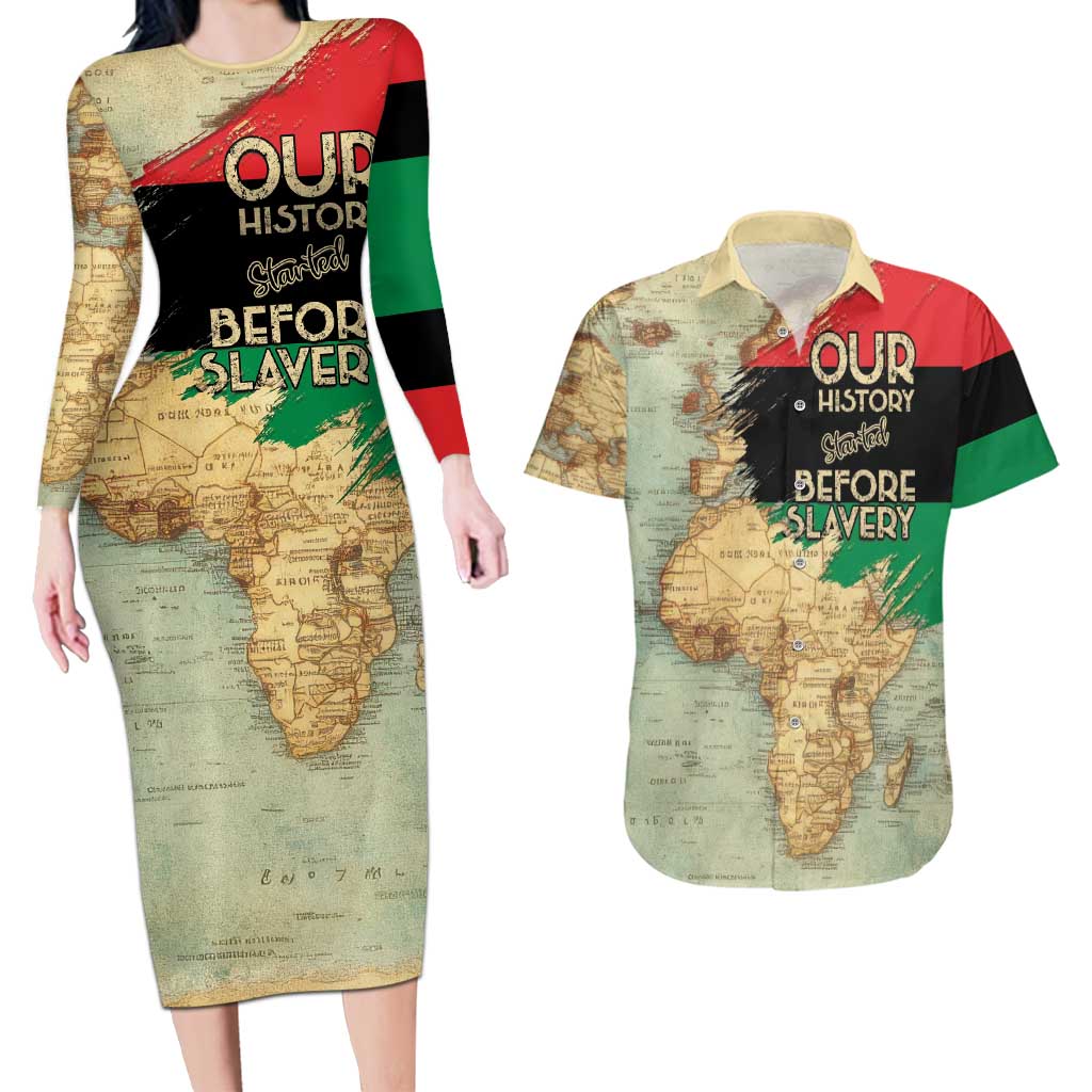 Pan African Flag Day Couples Matching Long Sleeve Bodycon Dress and Hawaiian Shirt Our History Started Before Slavery - Wonder Print Shop