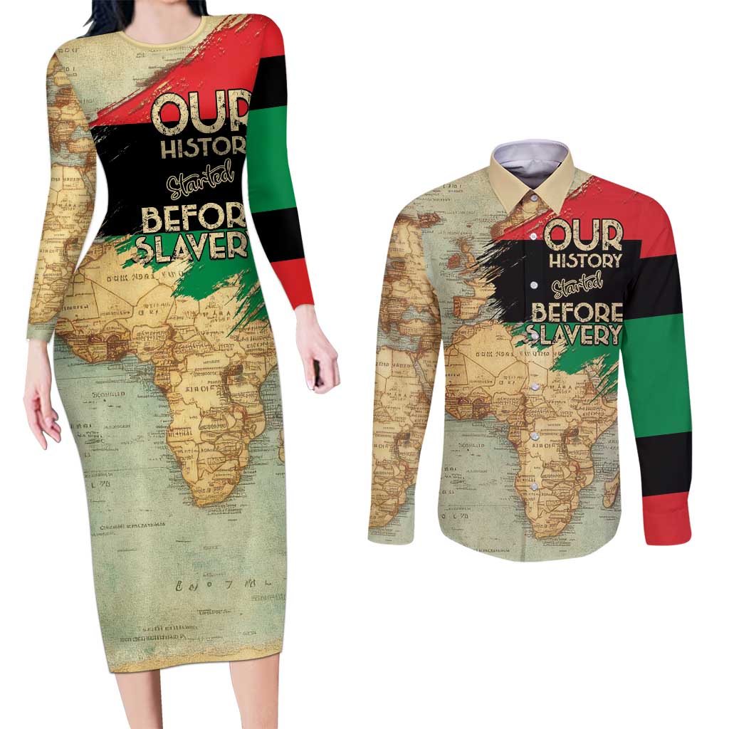 Pan African Flag Day Couples Matching Long Sleeve Bodycon Dress and Long Sleeve Button Shirt Our History Started Before Slavery - Wonder Print Shop
