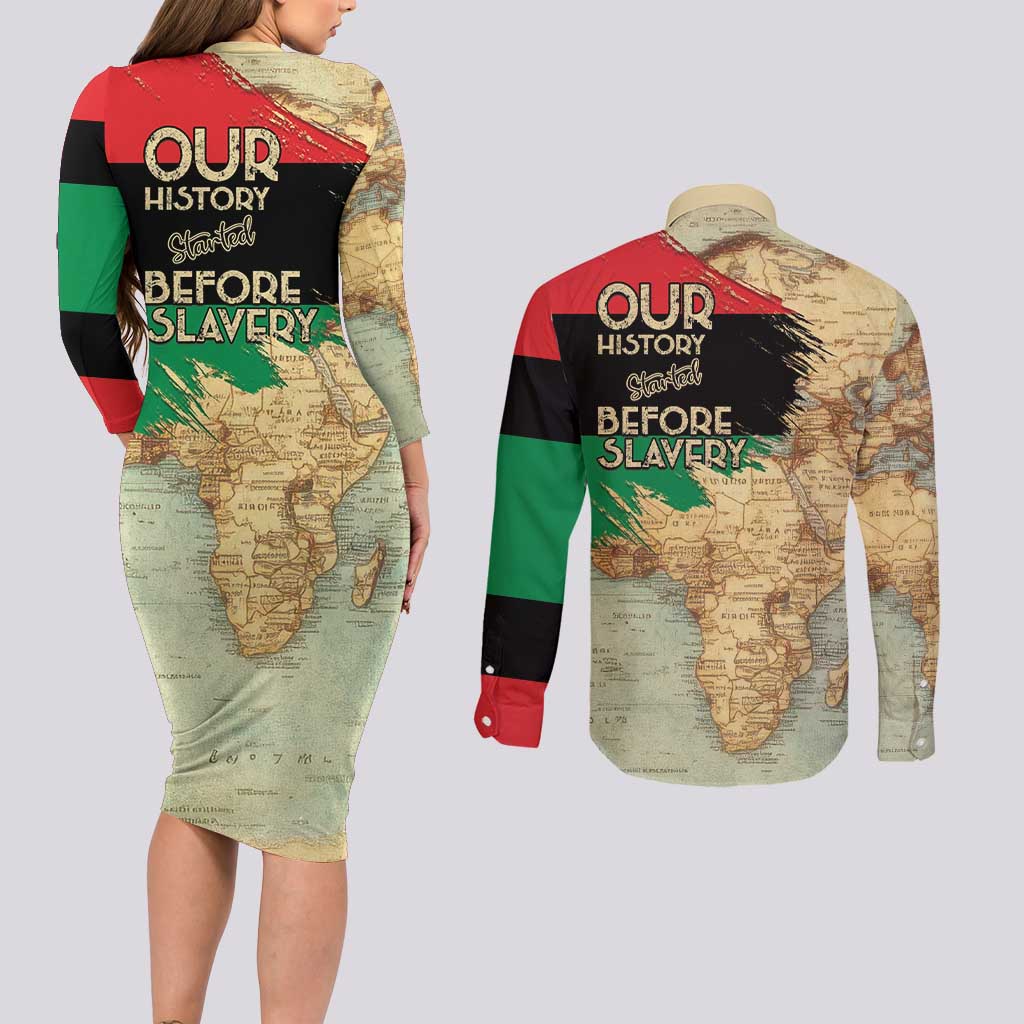 Pan African Flag Day Couples Matching Long Sleeve Bodycon Dress and Long Sleeve Button Shirt Our History Started Before Slavery - Wonder Print Shop