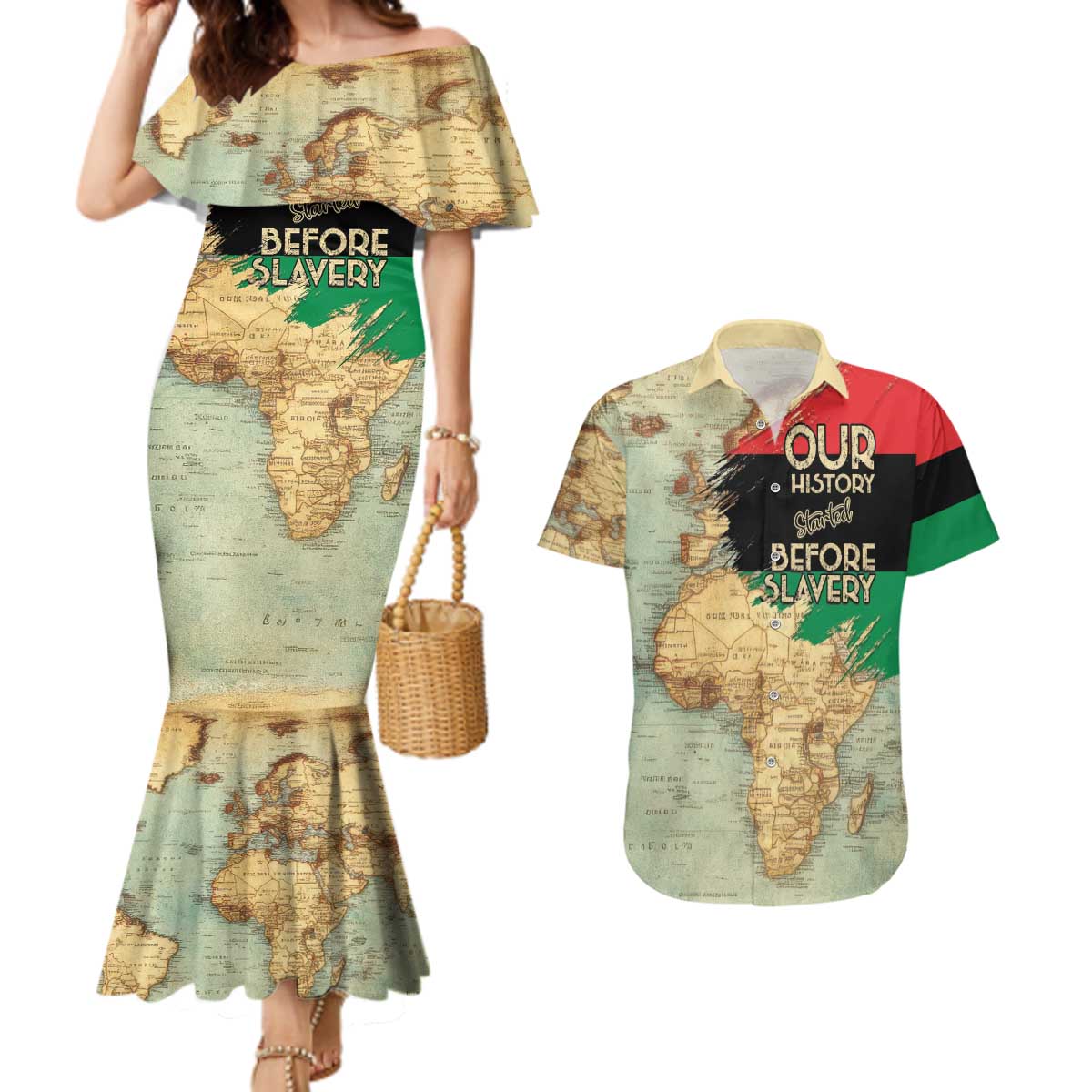 Pan African Flag Day Couples Matching Mermaid Dress and Hawaiian Shirt Our History Started Before Slavery - Wonder Print Shop