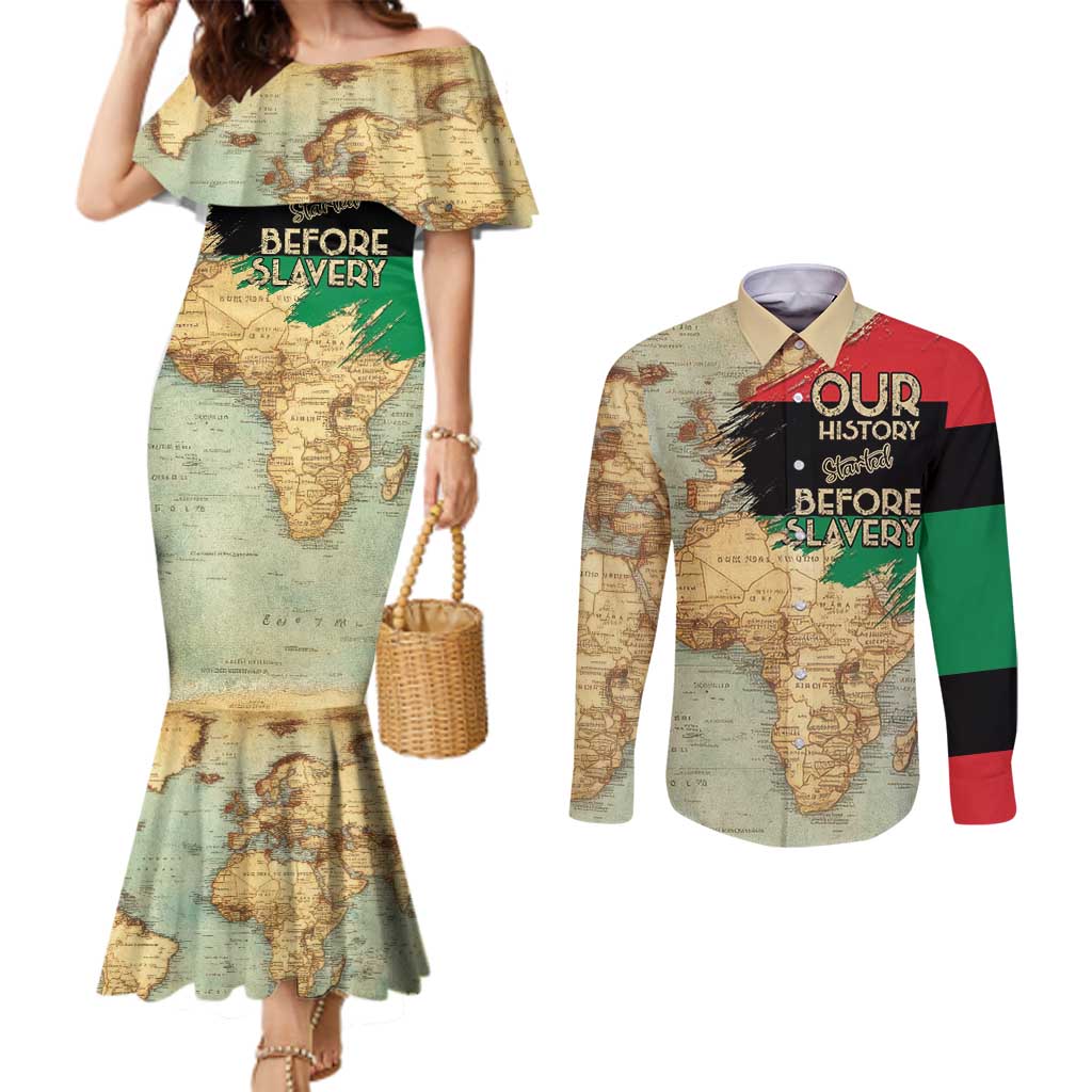 Pan African Flag Day Couples Matching Mermaid Dress and Long Sleeve Button Shirt Our History Started Before Slavery - Wonder Print Shop