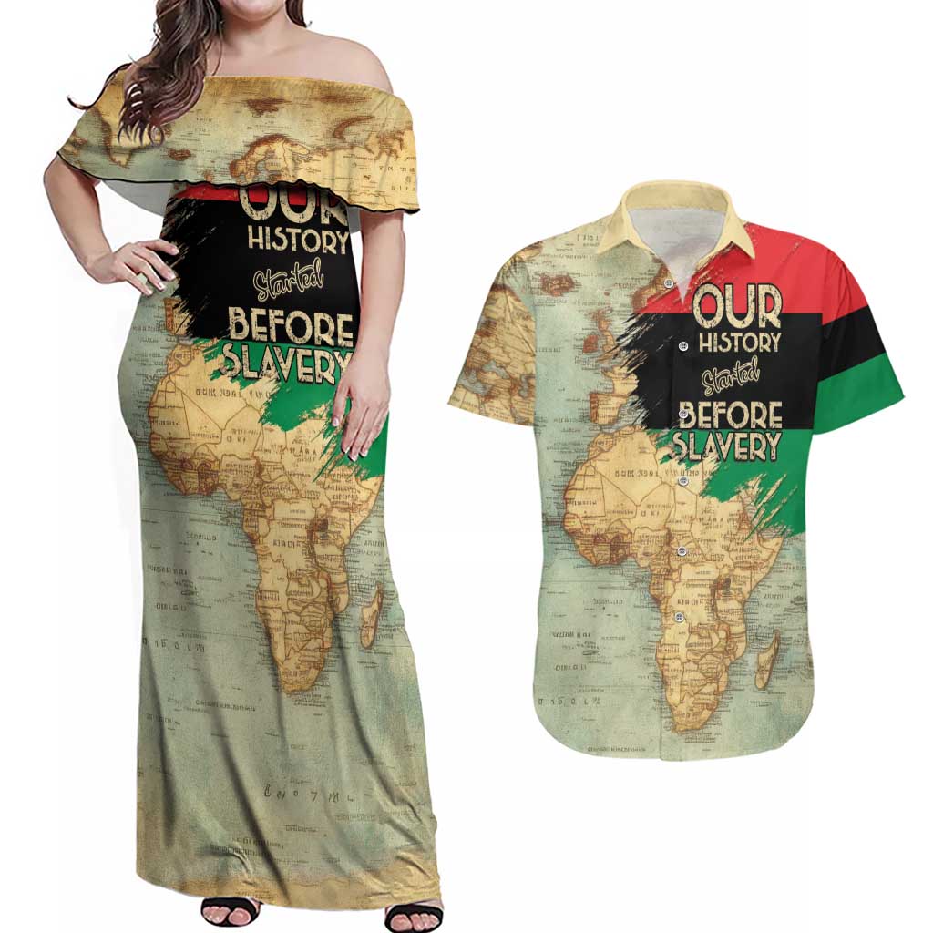 Pan African Flag Day Couples Matching Off Shoulder Maxi Dress and Hawaiian Shirt Our History Started Before Slavery - Wonder Print Shop