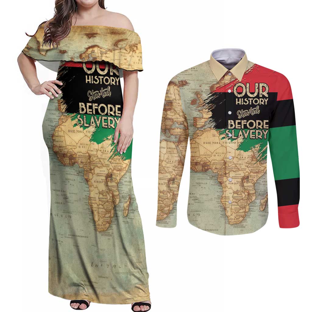 Pan African Flag Day Couples Matching Off Shoulder Maxi Dress and Long Sleeve Button Shirt Our History Started Before Slavery - Wonder Print Shop