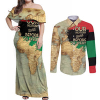 Pan African Flag Day Couples Matching Off Shoulder Maxi Dress and Long Sleeve Button Shirt Our History Started Before Slavery - Wonder Print Shop