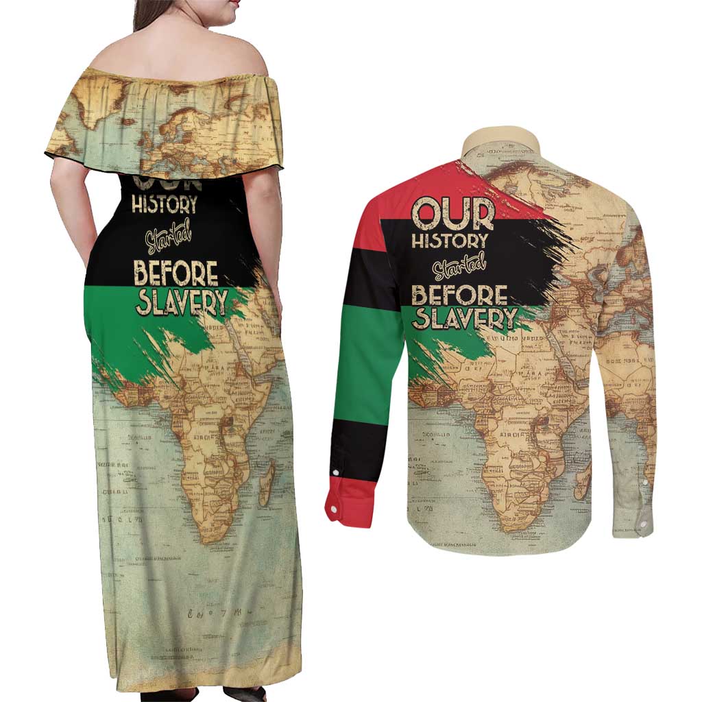 Pan African Flag Day Couples Matching Off Shoulder Maxi Dress and Long Sleeve Button Shirt Our History Started Before Slavery - Wonder Print Shop