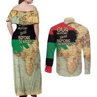Pan African Flag Day Couples Matching Off Shoulder Maxi Dress and Long Sleeve Button Shirt Our History Started Before Slavery - Wonder Print Shop