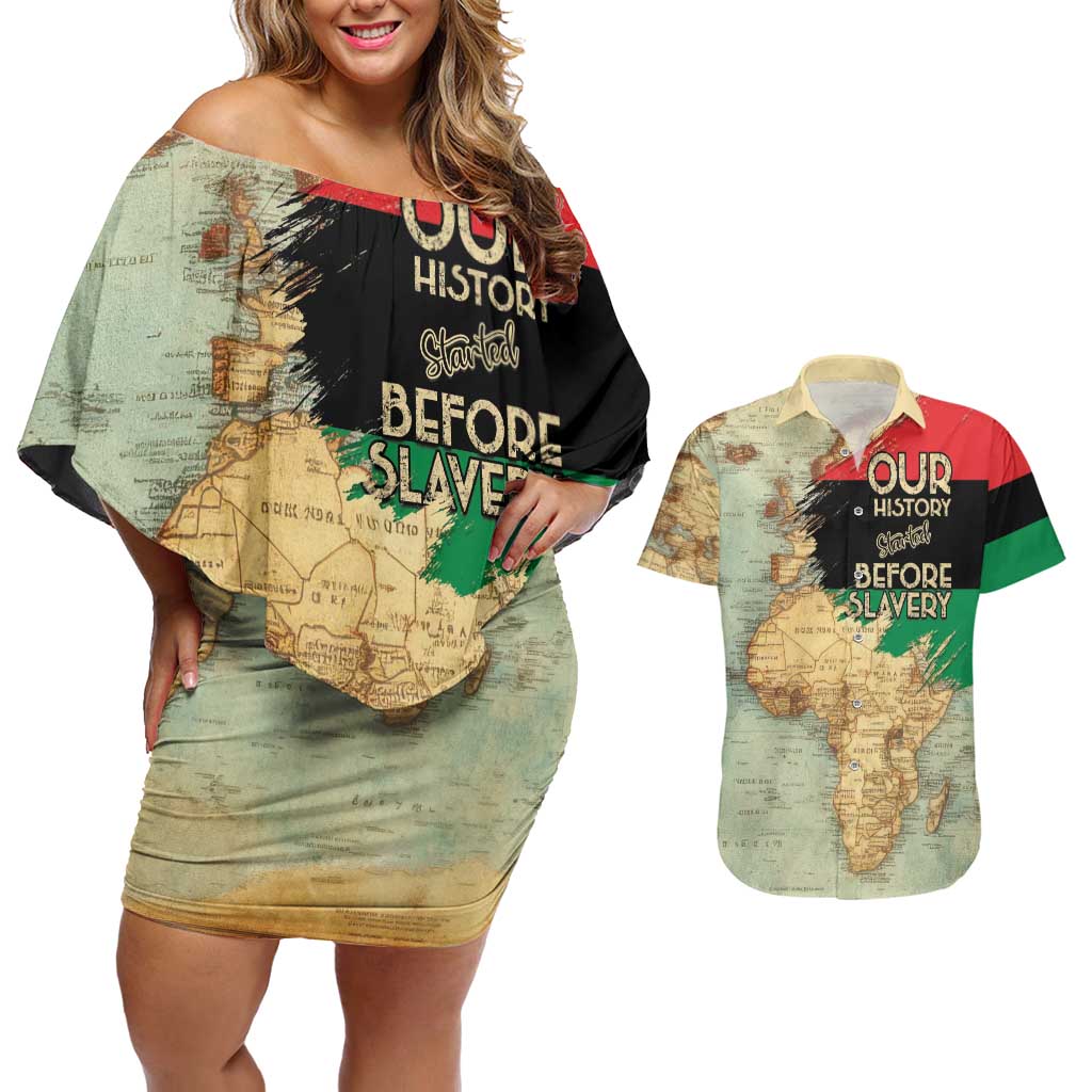 Pan African Flag Day Couples Matching Off Shoulder Short Dress and Hawaiian Shirt Our History Started Before Slavery - Wonder Print Shop