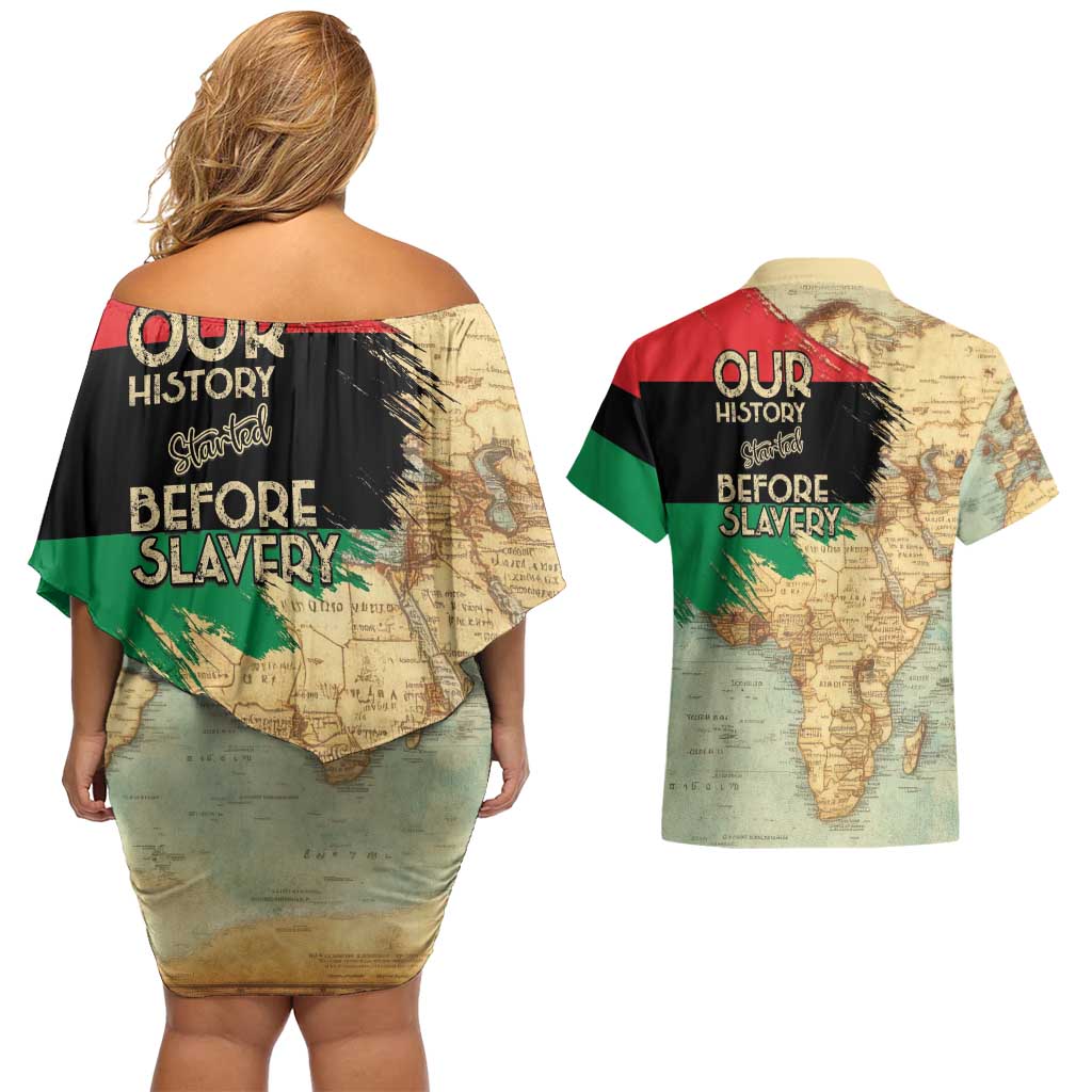 Pan African Flag Day Couples Matching Off Shoulder Short Dress and Hawaiian Shirt Our History Started Before Slavery - Wonder Print Shop