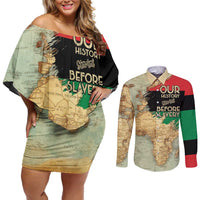 Pan African Flag Day Couples Matching Off Shoulder Short Dress and Long Sleeve Button Shirt Our History Started Before Slavery - Wonder Print Shop