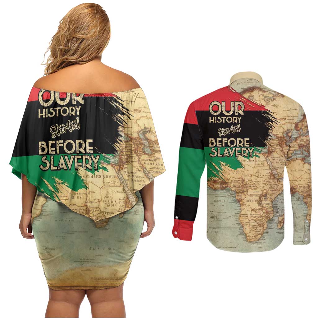 Pan African Flag Day Couples Matching Off Shoulder Short Dress and Long Sleeve Button Shirt Our History Started Before Slavery - Wonder Print Shop