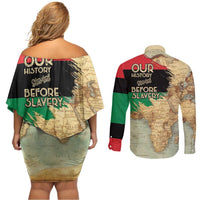 Pan African Flag Day Couples Matching Off Shoulder Short Dress and Long Sleeve Button Shirt Our History Started Before Slavery - Wonder Print Shop