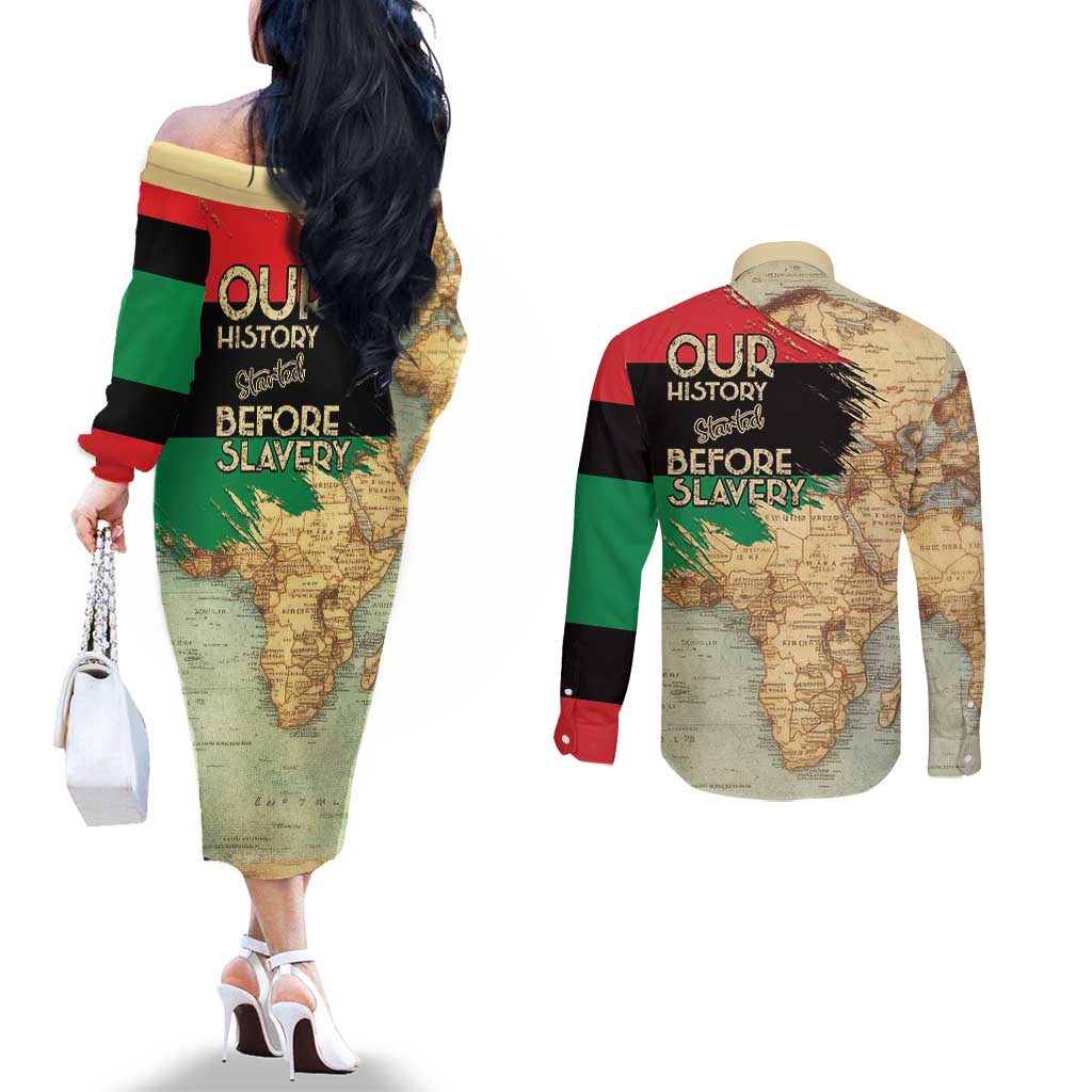 Pan African Flag Day Couples Matching Off The Shoulder Long Sleeve Dress and Long Sleeve Button Shirt Our History Started Before Slavery - Wonder Print Shop