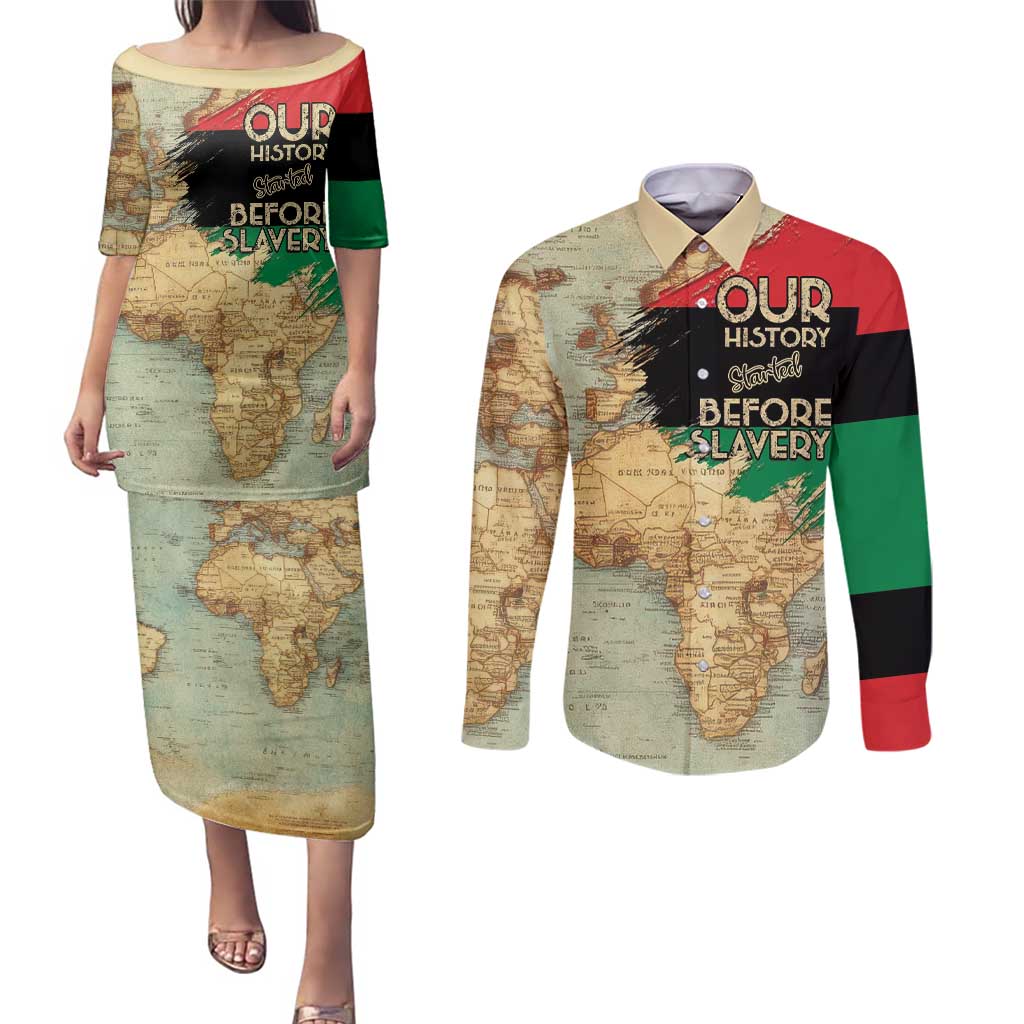 Pan African Flag Day Couples Matching Puletasi and Long Sleeve Button Shirt Our History Started Before Slavery - Wonder Print Shop