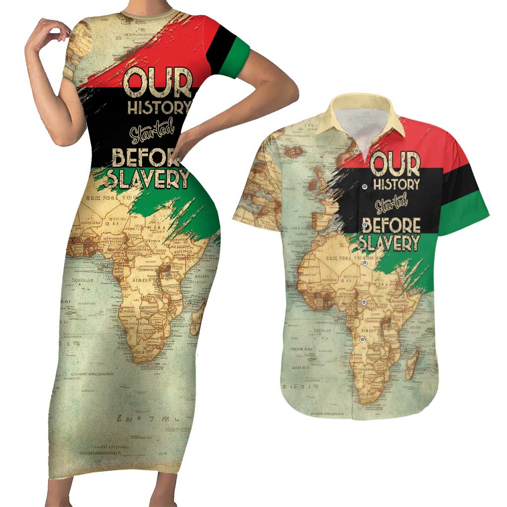 Pan African Flag Day Couples Matching Short Sleeve Bodycon Dress and Hawaiian Shirt Our History Started Before Slavery - Wonder Print Shop