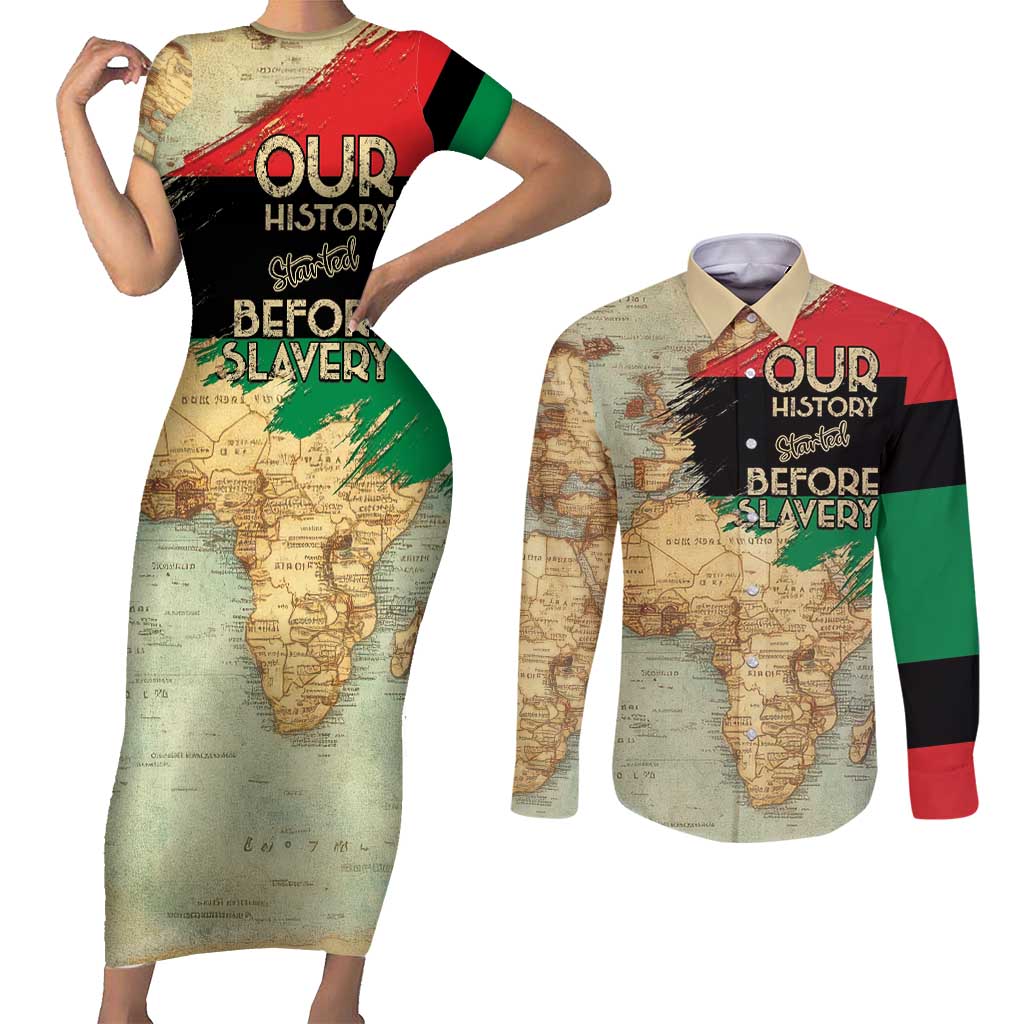 Pan African Flag Day Couples Matching Short Sleeve Bodycon Dress and Long Sleeve Button Shirt Our History Started Before Slavery - Wonder Print Shop