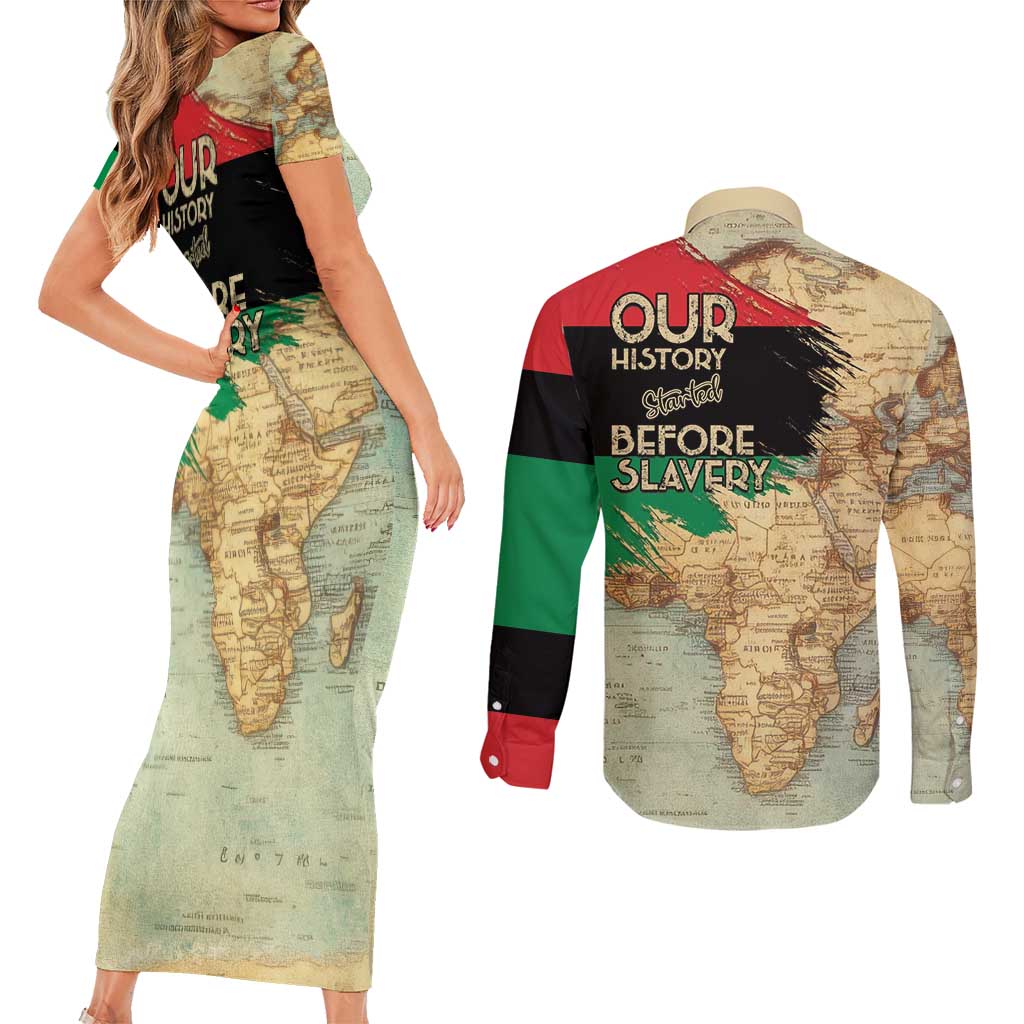 Pan African Flag Day Couples Matching Short Sleeve Bodycon Dress and Long Sleeve Button Shirt Our History Started Before Slavery - Wonder Print Shop