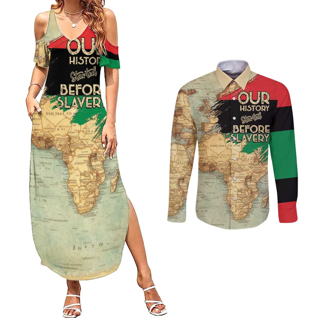 Pan African Flag Day Couples Matching Summer Maxi Dress and Long Sleeve Button Shirt Our History Started Before Slavery - Wonder Print Shop