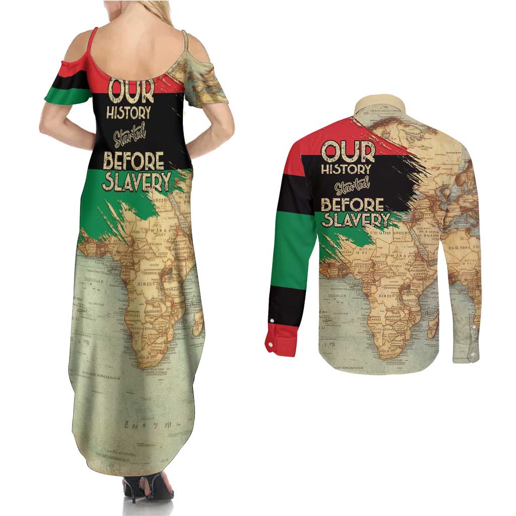 Pan African Flag Day Couples Matching Summer Maxi Dress and Long Sleeve Button Shirt Our History Started Before Slavery - Wonder Print Shop