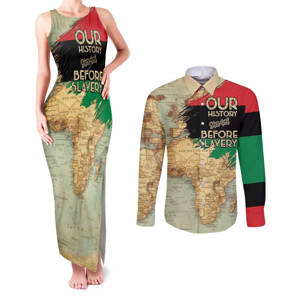 Pan African Flag Day Couples Matching Tank Maxi Dress and Long Sleeve Button Shirt Our History Started Before Slavery - Wonder Print Shop